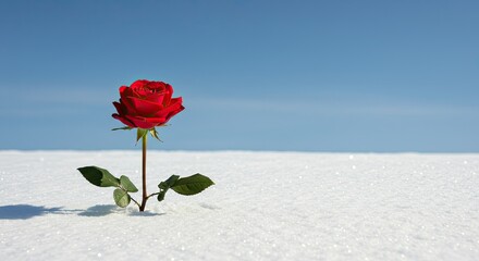 Vibrant red rose blooming in winter landscape against a clear blue sky