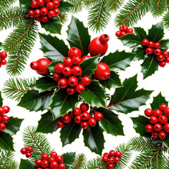 Christmas greenery pattern with holly, berries, and pine boughs