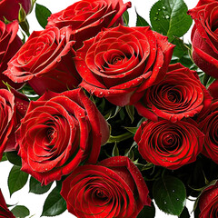Close-up of vibrant red roses with water droplets and green foliage