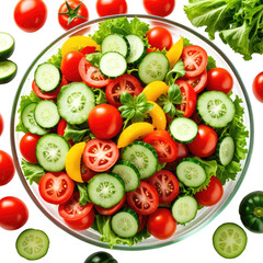 Refreshing salad with tomato, cucumber, and greens in a glass bowl