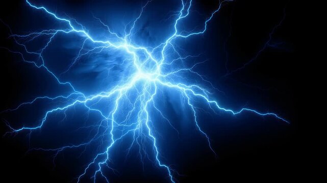 Dynamic video concept of blue lightning bolts against a dark sky, captured from a low angle, emphasizing energy and power in a dramatic style. Live desktop wallpaper.