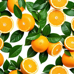 Oranges Slices, whole fruits, bright green leaves, black background