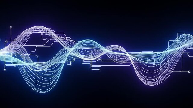 Vibrant digital data flow background with glowing abstract dynamic energy waves and electronic circuits