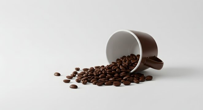 A white coffee cup tipped over with roasted coffee beans spilling out on a white background. Great for coffee-themed advertising and packaging.