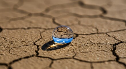 Water droplet on cracked earth surface reflects sky showing environmental concept