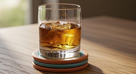 Whiskey glass on coaster with ice cubes on wooden surface