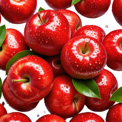 Shiny red apples with green leaves and water droplets in a tightly packed group