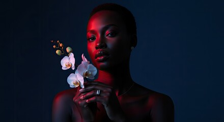 Woman holding orchid with red and blue lighting elegant artistic portrait