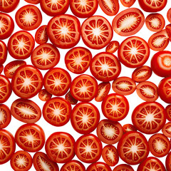Sliced red tomatoes, showing seeds, texture, arranged in pattern