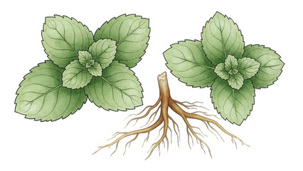 Botanical illustration of fresh green mint leaves and a detailed root system on a white background.