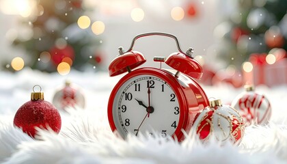 Red Clock with Ornament Decorations on White Fur Christmas Scene