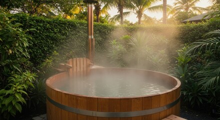 Wooden hot tub with steam surrounded by lush greenery and sunlight