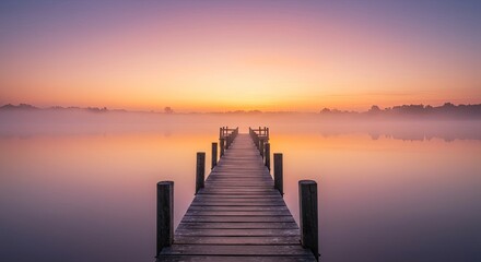Obraz premium Wooden pier extending over tranquil water at sunrise with atmospheric mist