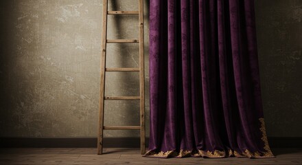Wooden ladder and luxurious purple curtain with textured wall backdrop