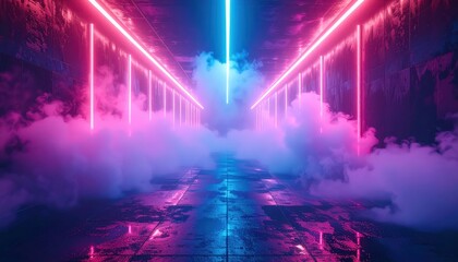 Dark interior hallway showcases futuristic neon lighting in vibrant pink and blue hues, contrasted with swirling vapor, creating a moody and atmospheric environment with reflections.