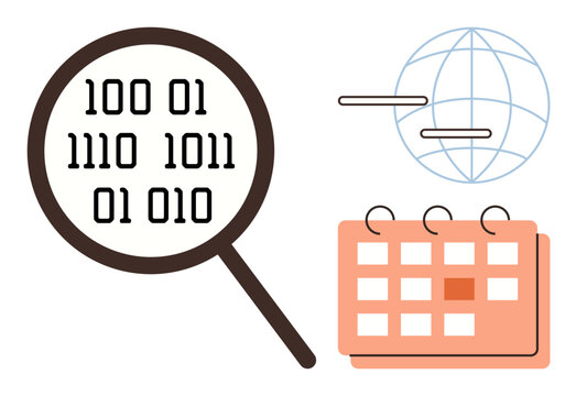 Magnifying glass focusing on binary code, connected globe lines, and calendar layout. Ideal for data analytics, digital research, cybersecurity, scheduling, coding, global networks simple flat