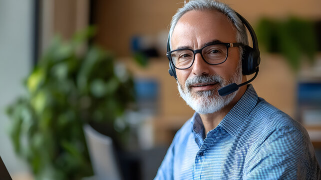 A mature businessman wearing a telephone headset, engaged in a customer service call.