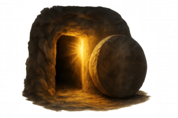 Empty christ tomb with stone rolled away and bright light emanating from inside, symbolizing resurrection and easter hope