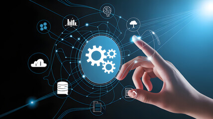 Hand interacting with digital interface and gear icons art