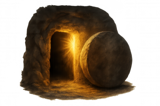 Empty christ tomb with stone rolled away and bright light emanating from inside, symbolizing resurrection and easter hope