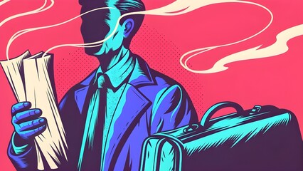 Illustration of a businessman holding papers with smoke, next to a briefcase, in a stylized, colorful design.
