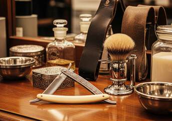 Vintage Barber Shop Equipment Setup Straight Razor, Shaving Brush, Soap, and Cream