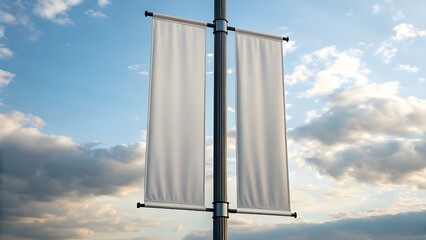 Two blank vertical banners attached to a pole against a cloudy sky backdrop.