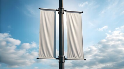 Two blank vertical banners attached to a tall, black street lamp post against a cloudy sky.