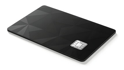 A black credit card with a geometric pattern and a chip, resting on a white surface.