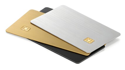 Three credit cards, gold, silver and black, stacked on a white background.
