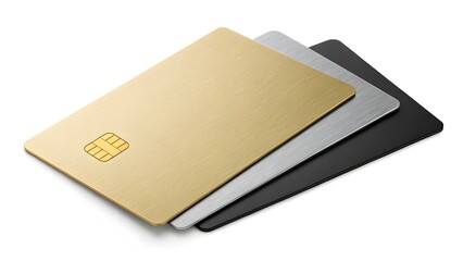 Three stacked credit cards, gold, silver, and black, with a visible chip on the golden card.