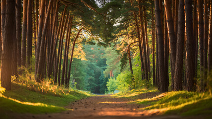 Pathway through a Sunlit Forest A Captivating Journey into the Heart of Nature's Embrace