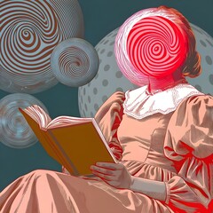 A woman in a dress reads a book, her face replaced with a swirling red and white pattern.