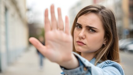 Young woman with a serious expression holds her hand up in a stop gesture outdoors.