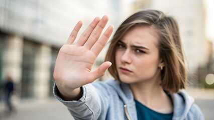 Young woman holds up her hand in a "stop" gesture, with a serious expression, outdoors in an urban setting.