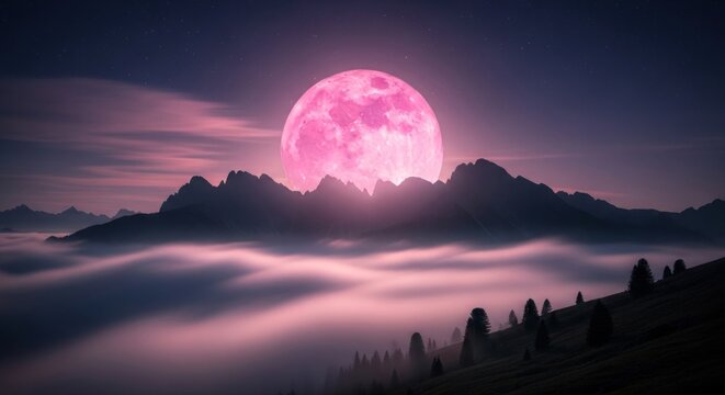 A stunning pink supermoon rises above a mountain range, casting a mystical glow over the landscape.