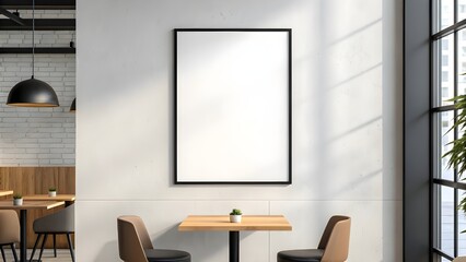 Interior of a cafe with a blank poster frame on the wall above a table and chairs, near a large window.