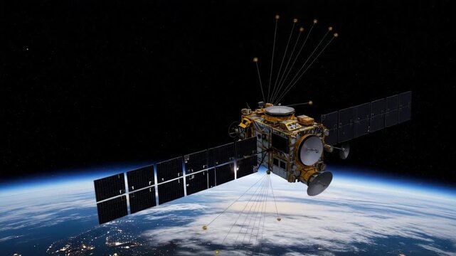 golden satellite with extended solar panels orbits Earth Sunlight glares on its complex body featuring multiple antennas and small spherical sensors above night-lit planet with city lights