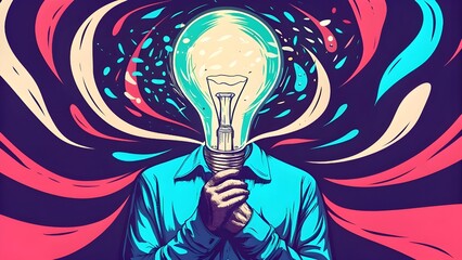 A person with a lightbulb head, representing ideas and creativity, with colorful flowing elements.