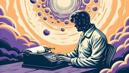 A man types on a vintage typewriter amidst swirling clouds and floating spheres, evoking creativity and imagination.