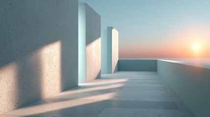 Obraz premium Minimalist Concrete Architecture with Long Shadows Under Warm Sunset Light