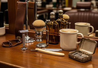 Vintage Barber Shop Equipment Setup Straight Razor, Shaving Brush, Soap, and Cream