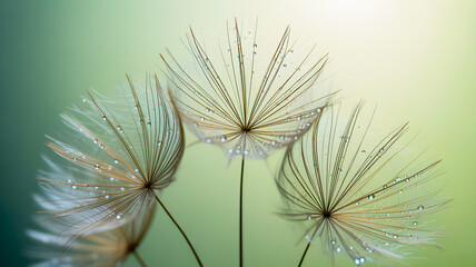 Fototapeta premium Delicate dandelion seeds with glistening water droplets, a captivating macro shot against a soft green backdrop