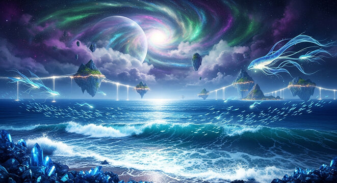 A mesmerizing digital artwork featuring a fantasy landscape with floating islands, a swirling galaxy, and a vibrant aurora borealis over a tranquil ocean