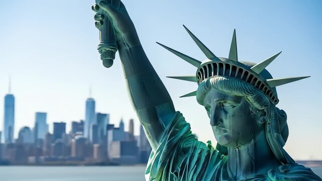 Statue of Liberty Crafted from Blocks against the Cityscape of New York Under a Clear Sky Bright Sunlight View
