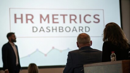 Business presentation in modern office showcasing HR metrics dashboard during a corporate meeting with engaged audience