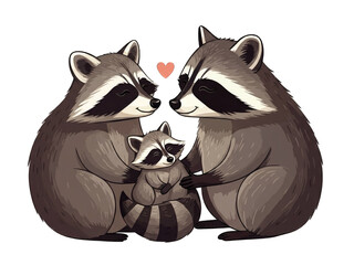 raccoon family, with two adult raccoons lovingly looking at their baby, featuring a small pink heart.