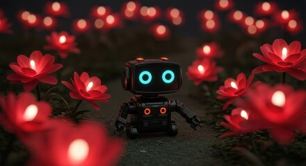 Naklejka premium A small robot with glowing eyes surrounded by red flowers in a dark, nighttime setting.