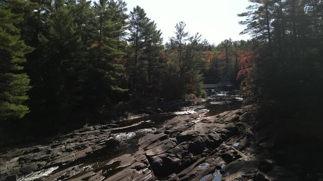 Aerial of Muskoka River at Wilsons Falls in Bracebridge Ontario Canada
