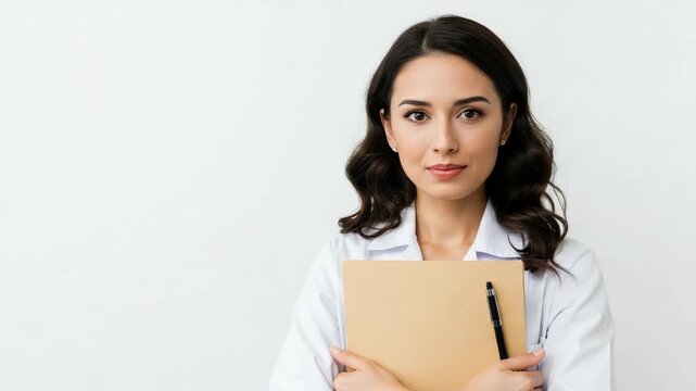 Smiling female doctor holding a folder isolated on white background